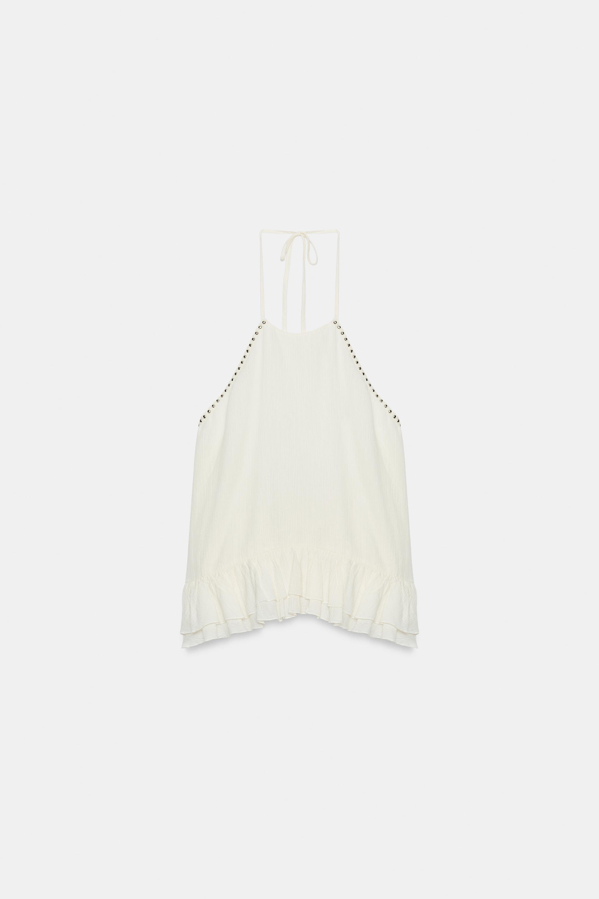 STUDDED RUFFLE HALTER TOP